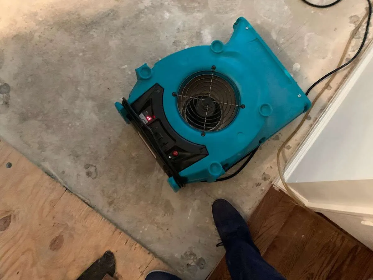 Air mover drying subfloor during Leak Detection & Repair in Cloquet